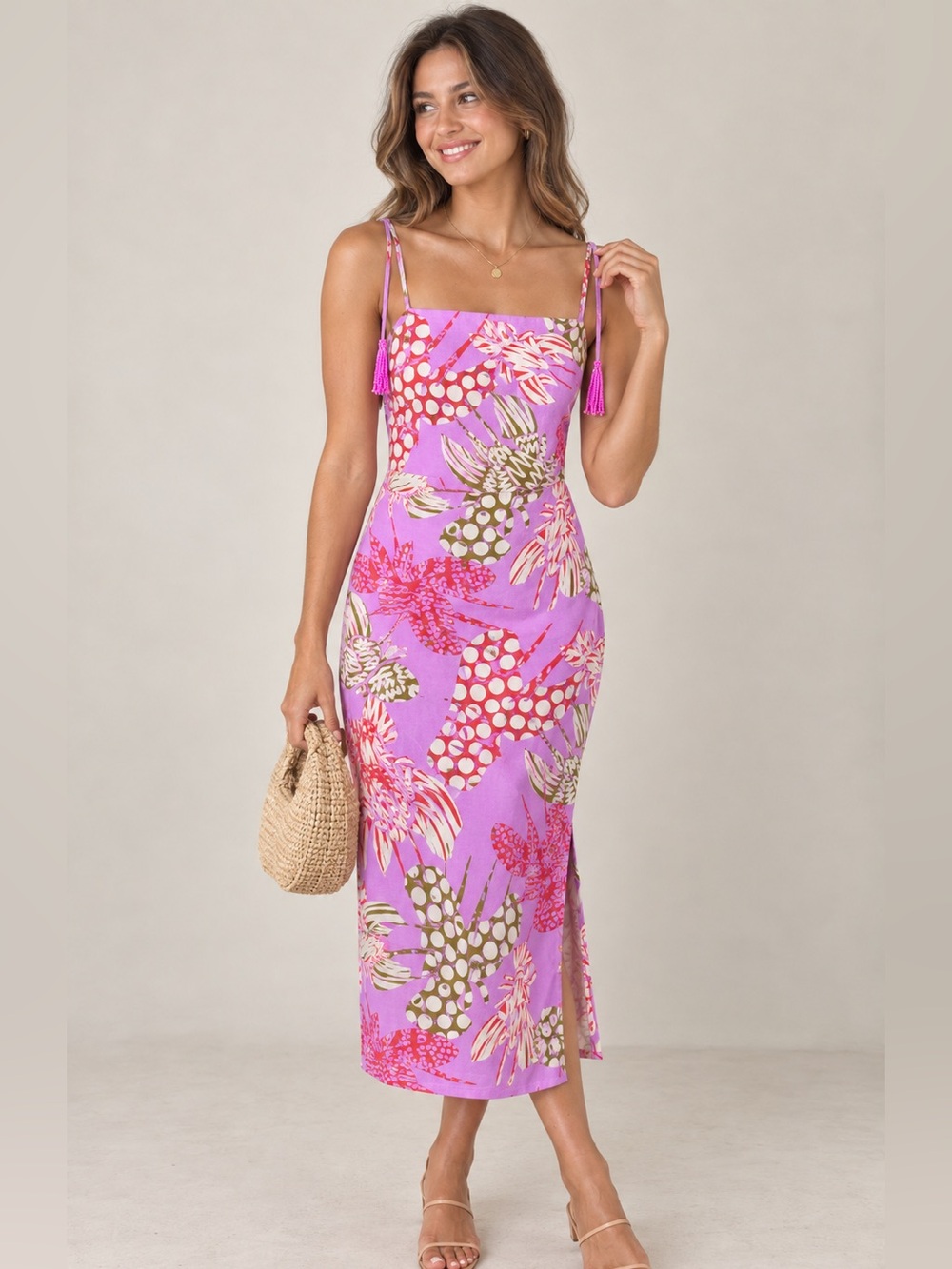 Rachel Zoe Pink Tropical-Print Tie-Shoulder Midi Dress